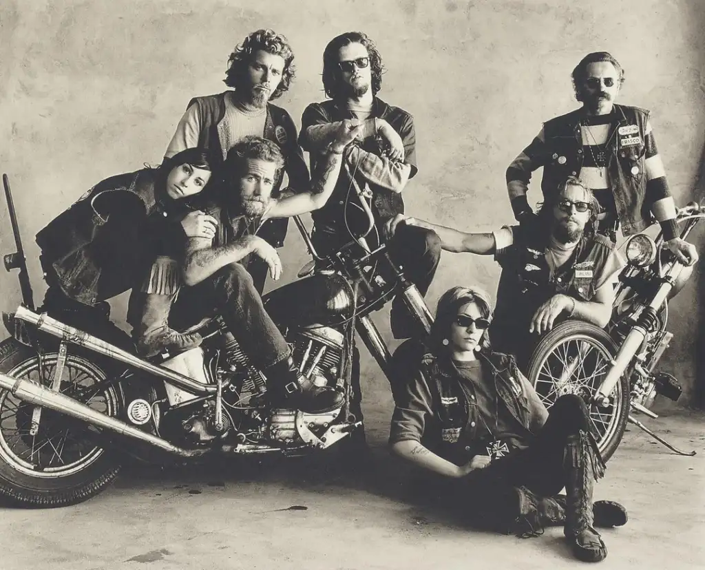 A group of seven people posed with motorcycles against a plain background. Some are sitting on the bikes, while others are leaning or standing. They are wearing casual, rugged clothing and sunglasses, exuding a rebellious, laid-back attitude. Black and white photo.