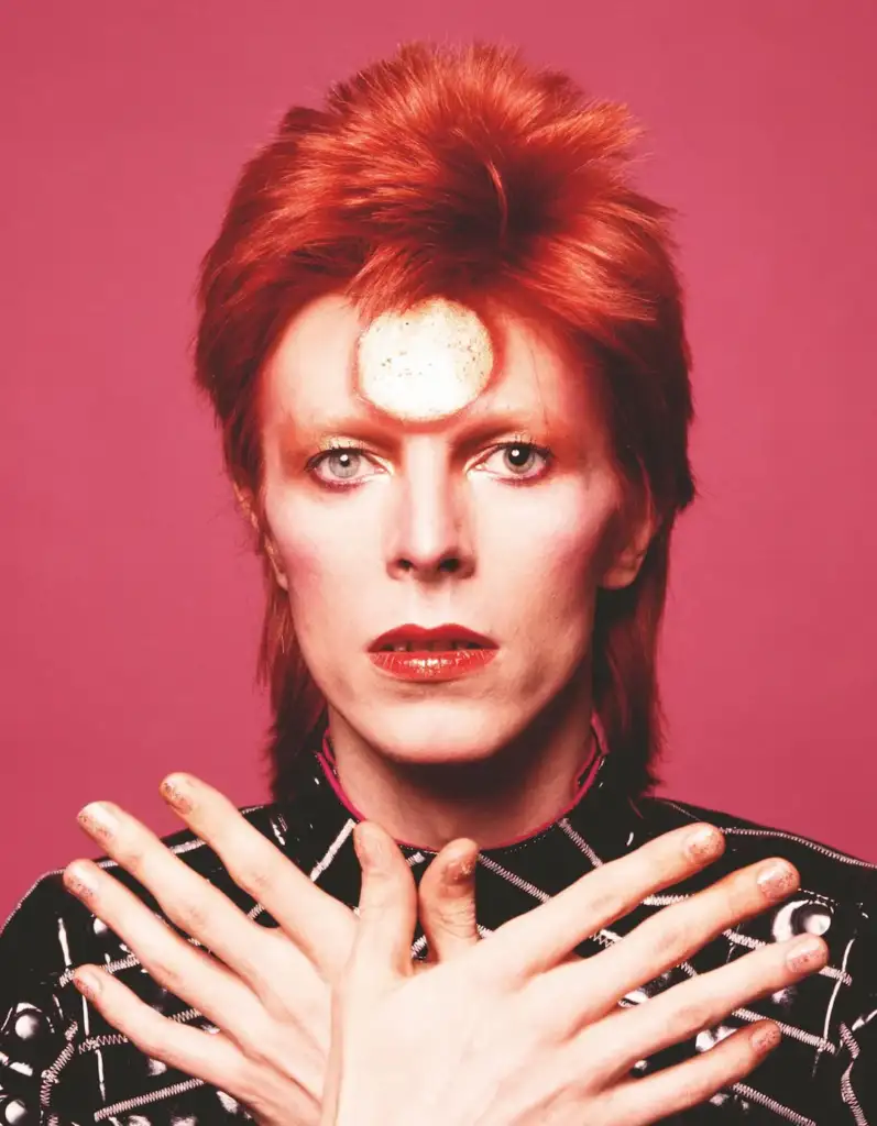 Person with vibrant red hair and striking makeup poses against a pink background, hands crossed on their chest. They are dressed in a shiny, patterned outfit with a circular decoration on their forehead.