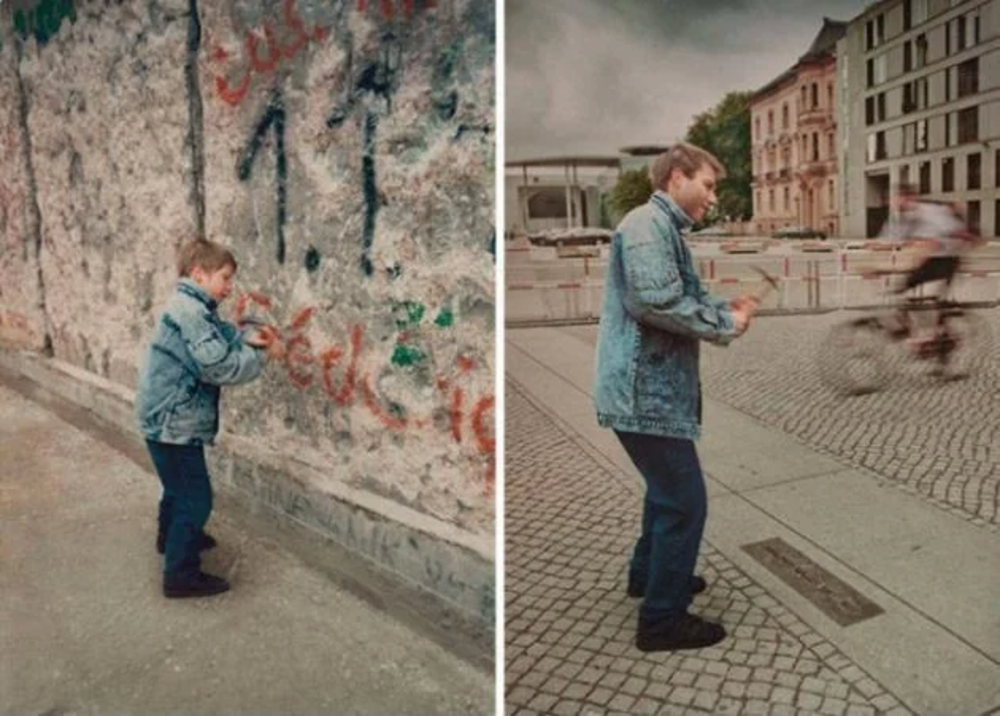 A person in a denim jacket mimics chiseling movements in two side-by-side photos. Left: in front of a graffiti-covered wall. Right: on a cobblestone street, a cyclist passing by, with modern buildings in the background.