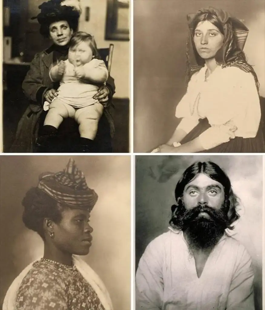 Four vintage sepia-toned portraits: Top left, woman holding a baby; top right, woman with headscarf; bottom left, side profile of a woman with an elaborate hat; bottom right, bearded man with long hair wearing a white shirt.