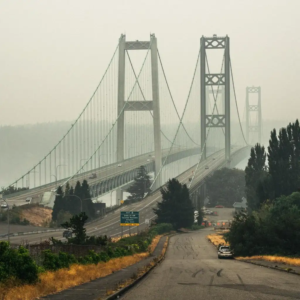 A foggy view of a large suspension bridge with tall towers and cables, stretching across water. The bridge is surrounded by trees and a road with a parked car in the foreground. Visibility is reduced due to haze.