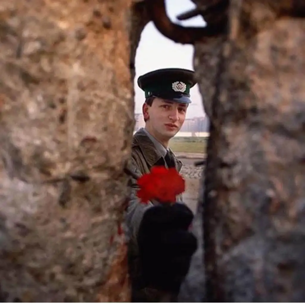 A uniformed man is holding a red flower through a narrow hole in a concrete wall, looking directly at the camera. The setting appears to be outdoors, and the focus is on the flower extending through the divide.