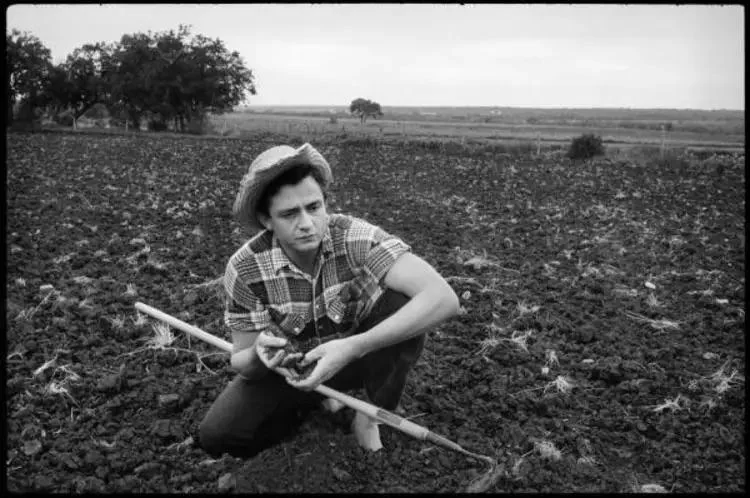 A person wearing a plaid shirt and straw hat crouches on a plowed field, holding soil and a hoe. It's overcast, with trees and open land in the background.