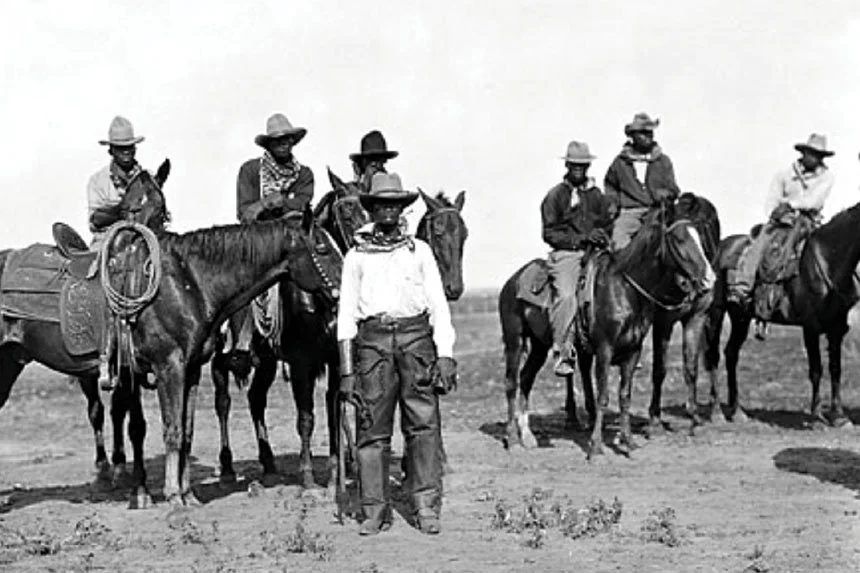 Black and white photo of seven cowboys in wide-brimmed hats, six on horseback, one standing beside a horse. They are in a barren landscape, wearing western attire with lassos and saddles on the horses.