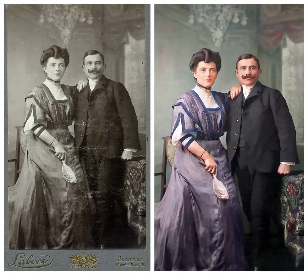 A split image showing an old black-and-white photo of a couple in vintage attire on the left, restored and colorized on the right. The woman wears a long dress and the man a suit, both standing with linked arms in an ornate setting.