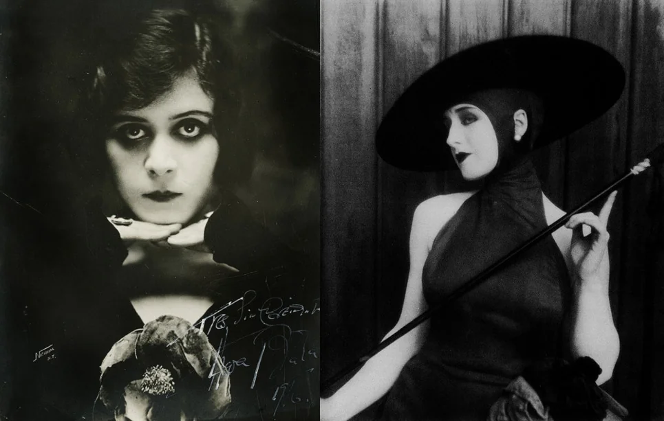 Vintage black and white portraits of two women. Left: close-up of a woman with dramatic eye makeup and dark hair. Right: woman in a black hat, with her face in profile, wearing a dark halter dress and holding a cane.