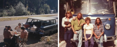 Left: A group of people sits by a parked vintage car on a roadside, enjoying a picnic. Right: Four people pose in front of a vintage blue bus on a sunny day, surrounded by trees.