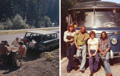 Left: A group of people sits by a parked vintage car on a roadside, enjoying a picnic. Right: Four people pose in front of a vintage blue bus on a sunny day, surrounded by trees.