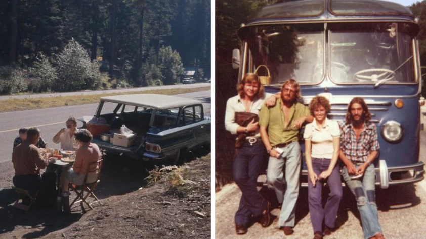 Left: A group of people sits by a parked vintage car on a roadside, enjoying a picnic. Right: Four people pose in front of a vintage blue bus on a sunny day, surrounded by trees.