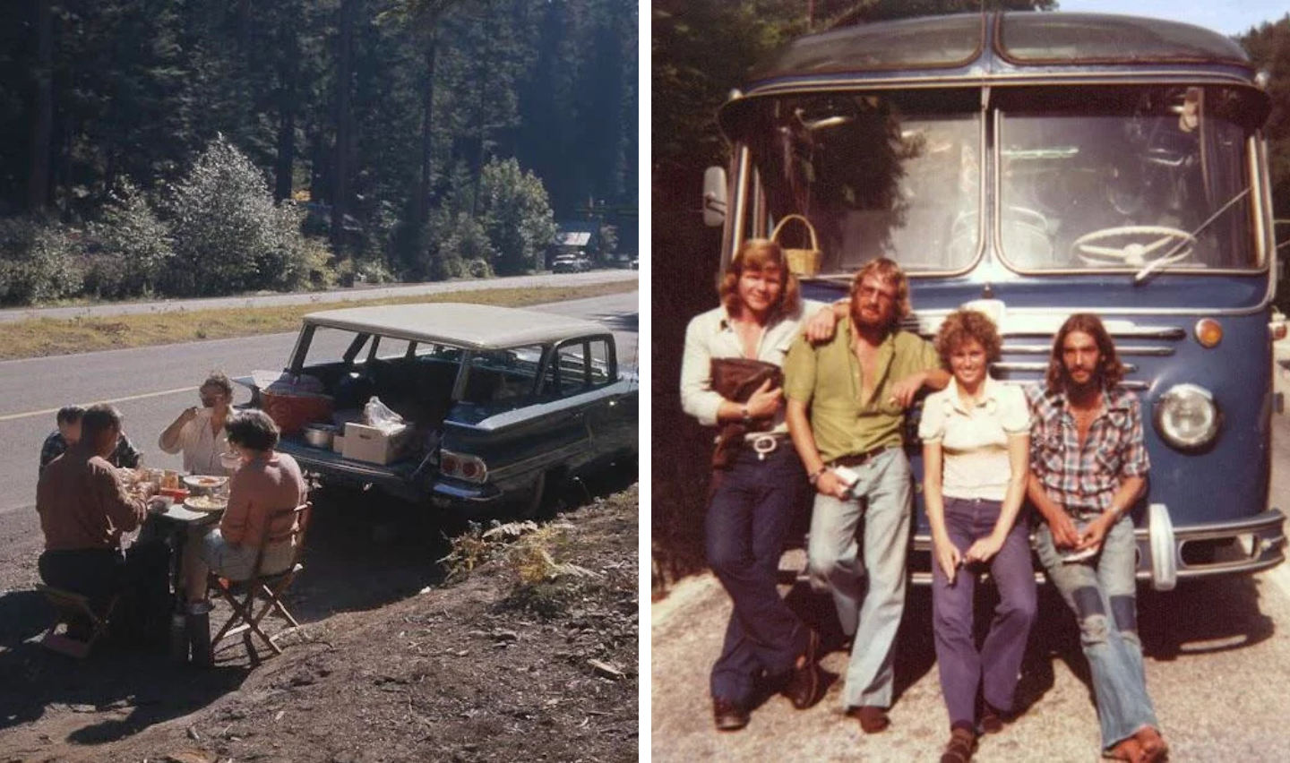 Left: A group of people sits by a parked vintage car on a roadside, enjoying a picnic. Right: Four people pose in front of a vintage blue bus on a sunny day, surrounded by trees.