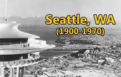 Black and white photo of Seattle with a close-up of the Space Needle on the left. The cityscape and water are visible in the background. Text overlay reads "Seattle, WA (1900-1970)" in large yellow letters.