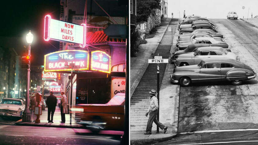 Left side: Neon-lit jazz club with a marquee featuring "Now Miles Davis." A person stands nearby, and traffic blurs past. Right side: Vintage cars parked on a steep hill in a black-and-white scene, with a man crossing the street.