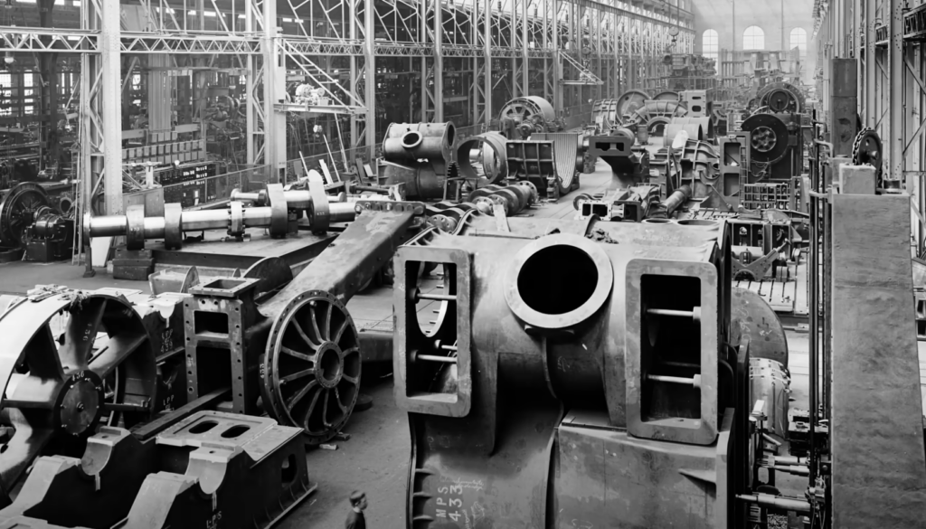 A historic black and white photo of a large industrial factory interior, filled with massive metal machinery and components. The industrial equipment is arranged on the factory floor, with overhead steel girders supporting the structure.