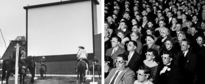 Left side: Cowboys on horses looking at a large blank screen outdoors. Right side: A large audience wearing 3D glasses, seated indoors.