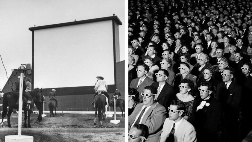 Left side: Cowboys on horses looking at a large blank screen outdoors. Right side: A large audience wearing 3D glasses, seated indoors.