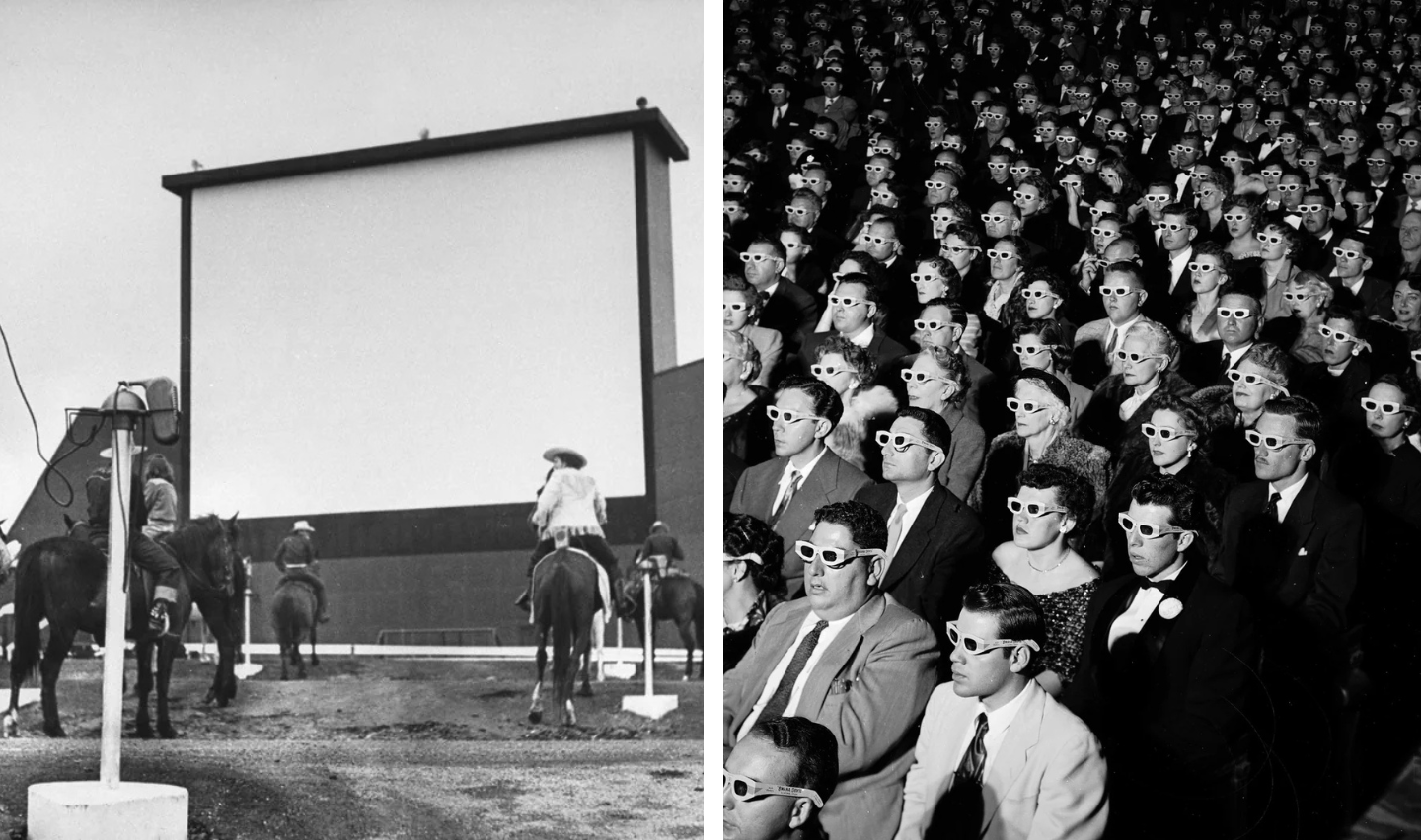 Left side: Cowboys on horses looking at a large blank screen outdoors. Right side: A large audience wearing 3D glasses, seated indoors.