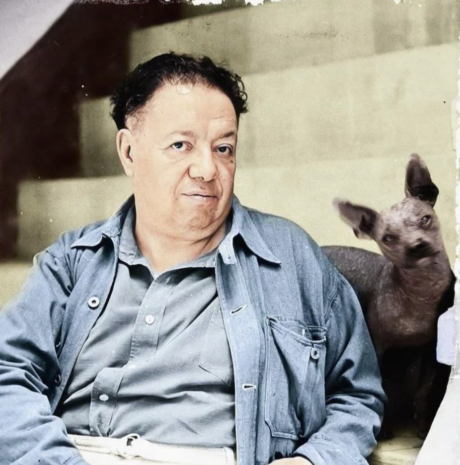 A man with curly hair and a casual expression is sitting on stairs, wearing a blue button-up shirt and holding a pipe. Next to him is a gray, hairless dog with large ears, gazing curiously at the camera.