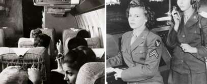 Left side: Passengers in 1960s airplane seats watching a program on ceiling monitors. Right side: Two women in military uniforms at a control center with one speaking into a microphone, aircraft visible through windows. Black and white photo.