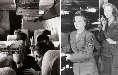 Left side: Passengers in 1960s airplane seats watching a program on ceiling monitors. Right side: Two women in military uniforms at a control center with one speaking into a microphone, aircraft visible through windows. Black and white photo.