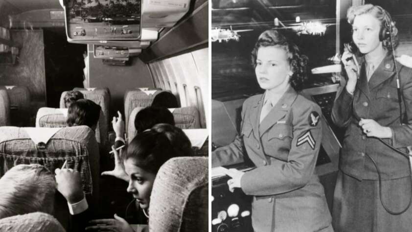 Left side: Passengers in 1960s airplane seats watching a program on ceiling monitors. Right side: Two women in military uniforms at a control center with one speaking into a microphone, aircraft visible through windows. Black and white photo.