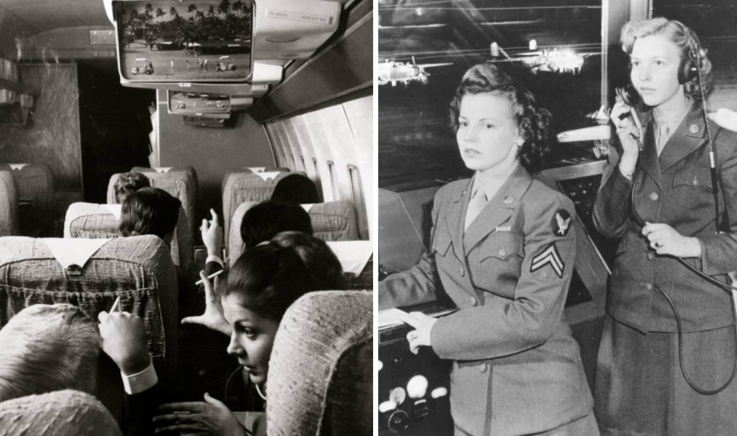 Left side: Passengers in 1960s airplane seats watching a program on ceiling monitors. Right side: Two women in military uniforms at a control center with one speaking into a microphone, aircraft visible through windows. Black and white photo.