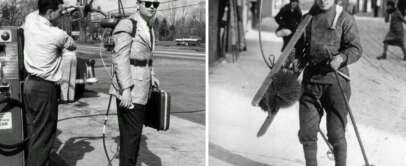 Left: A man in a suit on roller skates is getting fuel pumped into a tank on his back. Right: A man in vintage ski gear, holding a bicycle wheel and broom, stands on snow-covered ground.