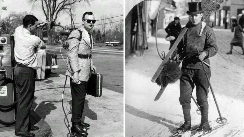 Left: A man in a suit on roller skates is getting fuel pumped into a tank on his back. Right: A man in vintage ski gear, holding a bicycle wheel and broom, stands on snow-covered ground.