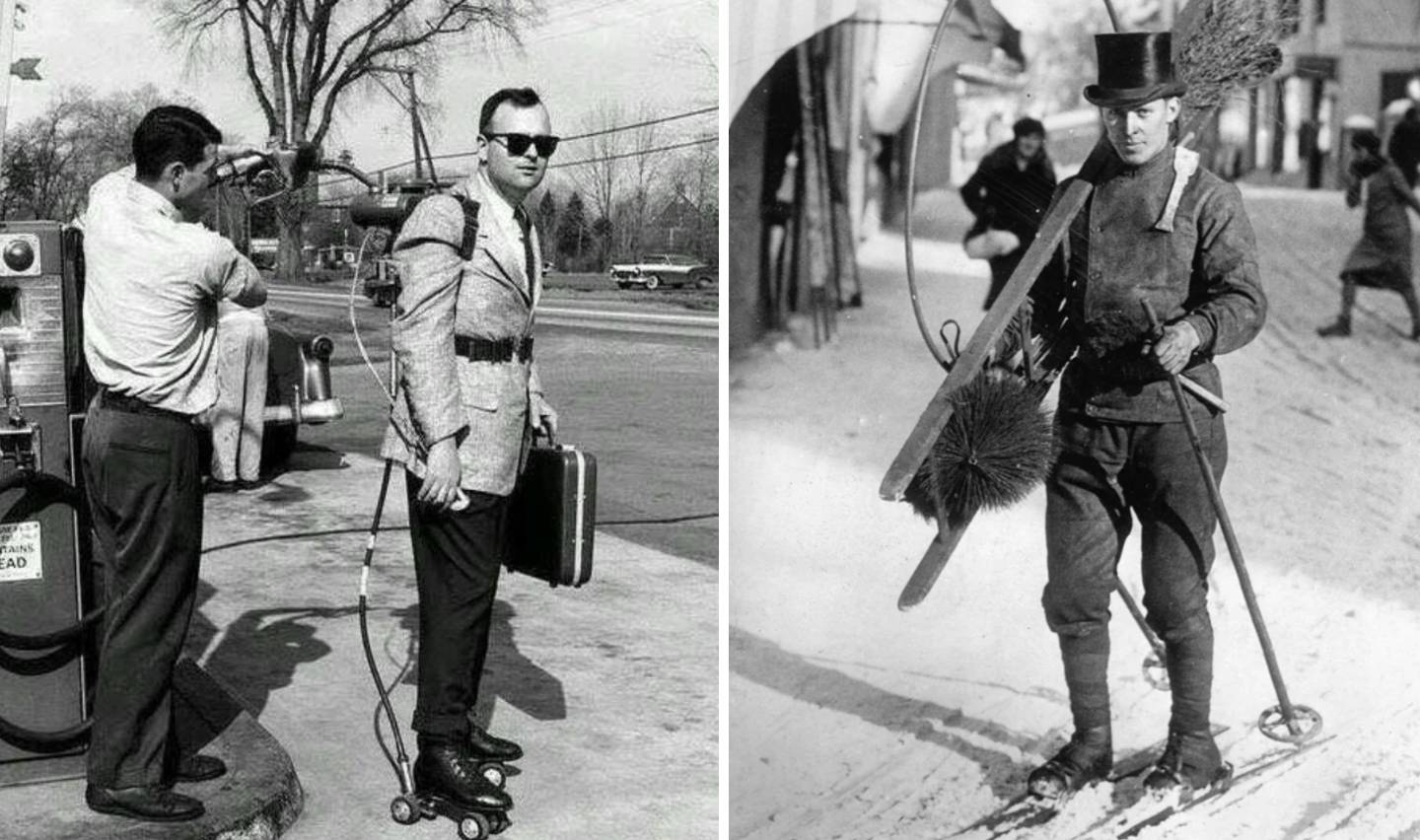 Left: A man in a suit on roller skates is getting fuel pumped into a tank on his back. Right: A man in vintage ski gear, holding a bicycle wheel and broom, stands on snow-covered ground.