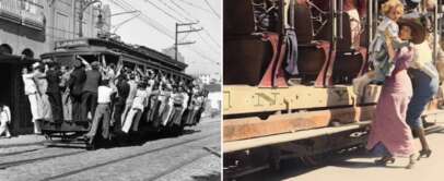 Split image: Left side shows men crowded on an old tram in a black and white photo. Right side displays a woman and child boarding a similarly styled tram in a colorized image. Both scenes depict early 20th-century public transportation.