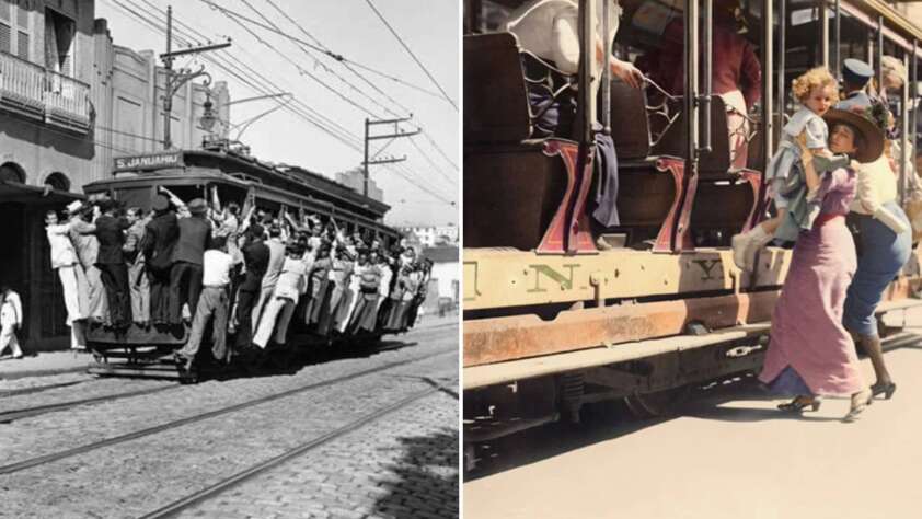 Split image: Left side shows men crowded on an old tram in a black and white photo. Right side displays a woman and child boarding a similarly styled tram in a colorized image. Both scenes depict early 20th-century public transportation.