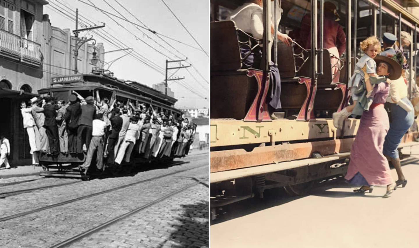 Split image: Left side shows men crowded on an old tram in a black and white photo. Right side displays a woman and child boarding a similarly styled tram in a colorized image. Both scenes depict early 20th-century public transportation.