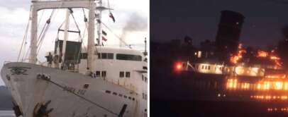 Left side: An old, rusty ship named "Bohai Paz" docked at a pier during the day. Right side: A ship engulfed in flames on the water at night, with smoke rising into the sky.