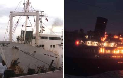 Left side: An old, rusty ship named "Bohai Paz" docked at a pier during the day. Right side: A ship engulfed in flames on the water at night, with smoke rising into the sky.