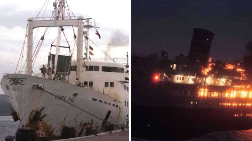 Left side: An old, rusty ship named "Bohai Paz" docked at a pier during the day. Right side: A ship engulfed in flames on the water at night, with smoke rising into the sky.