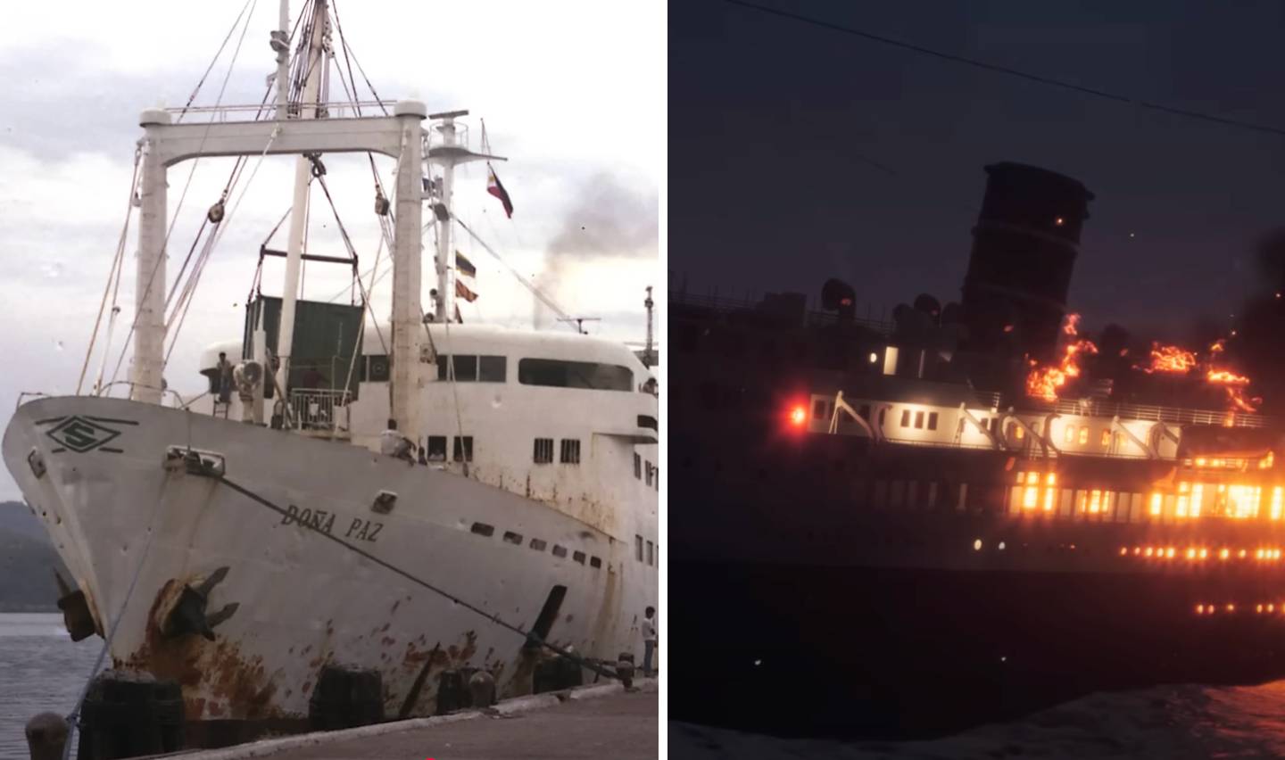 Left side: An old, rusty ship named "Bohai Paz" docked at a pier during the day. Right side: A ship engulfed in flames on the water at night, with smoke rising into the sky.