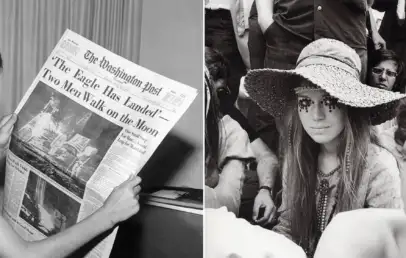 Left: Person reading a newspaper with the headline "The Eagle Has Landed: Two Men Walk on the Moon." Right: A woman in a wide-brimmed hat and face paint sits in a crowd, surrounded by other people. Both images are in black and white.