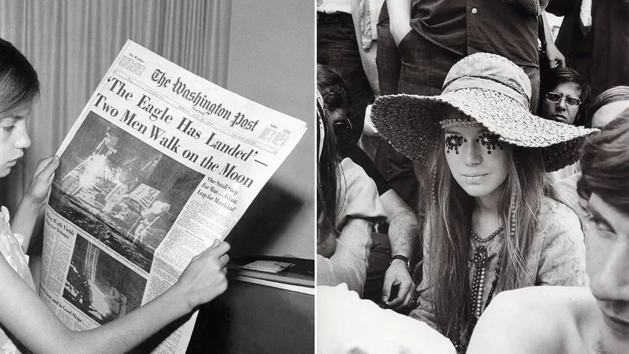 Left: Person reading a newspaper with the headline "The Eagle Has Landed: Two Men Walk on the Moon." Right: A woman in a wide-brimmed hat and face paint sits in a crowd, surrounded by other people. Both images are in black and white.