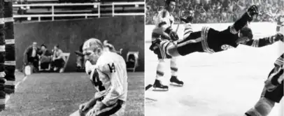 Split image: Left shows an American football player kneeling on the field with number 14 on jersey. Right shows a hockey player in mid-air after scoring, surrounded by cheering teammates and opponents on the ice.