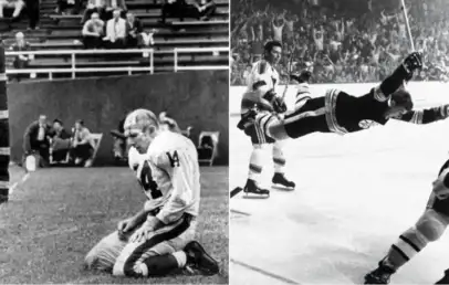 Split image: Left shows an American football player kneeling on the field with number 14 on jersey. Right shows a hockey player in mid-air after scoring, surrounded by cheering teammates and opponents on the ice.