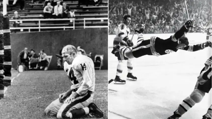 Split image: Left shows an American football player kneeling on the field with number 14 on jersey. Right shows a hockey player in mid-air after scoring, surrounded by cheering teammates and opponents on the ice.