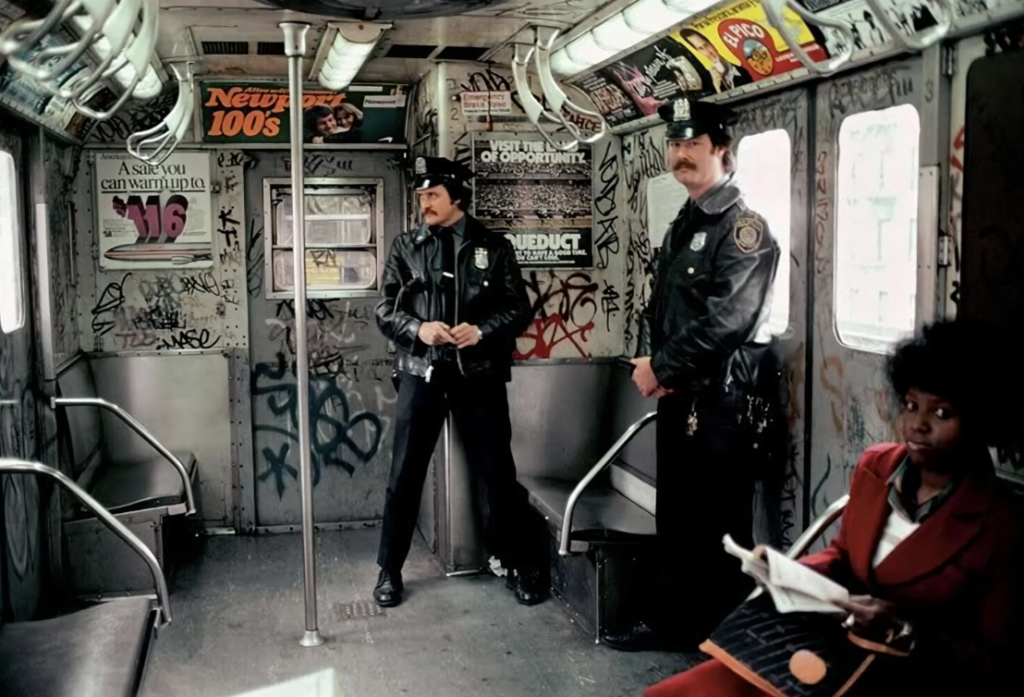 Two police officers stand inside a graffiti-covered subway car. One officer leans against a pole while the other stands near the door. A woman in a red coat sits on the right, reading a book. The walls are filled with various graffiti art.