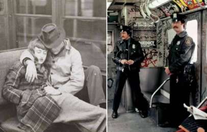 Left: A black-and-white photo of a woman sleeping on a man's shoulder in a train. Right: Two police officers in uniform stand inside a graffiti-covered subway train. The images capture moments from urban public transport settings.