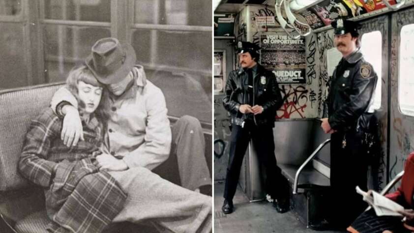 Left: A black-and-white photo of a woman sleeping on a man's shoulder in a train. Right: Two police officers in uniform stand inside a graffiti-covered subway train. The images capture moments from urban public transport settings.