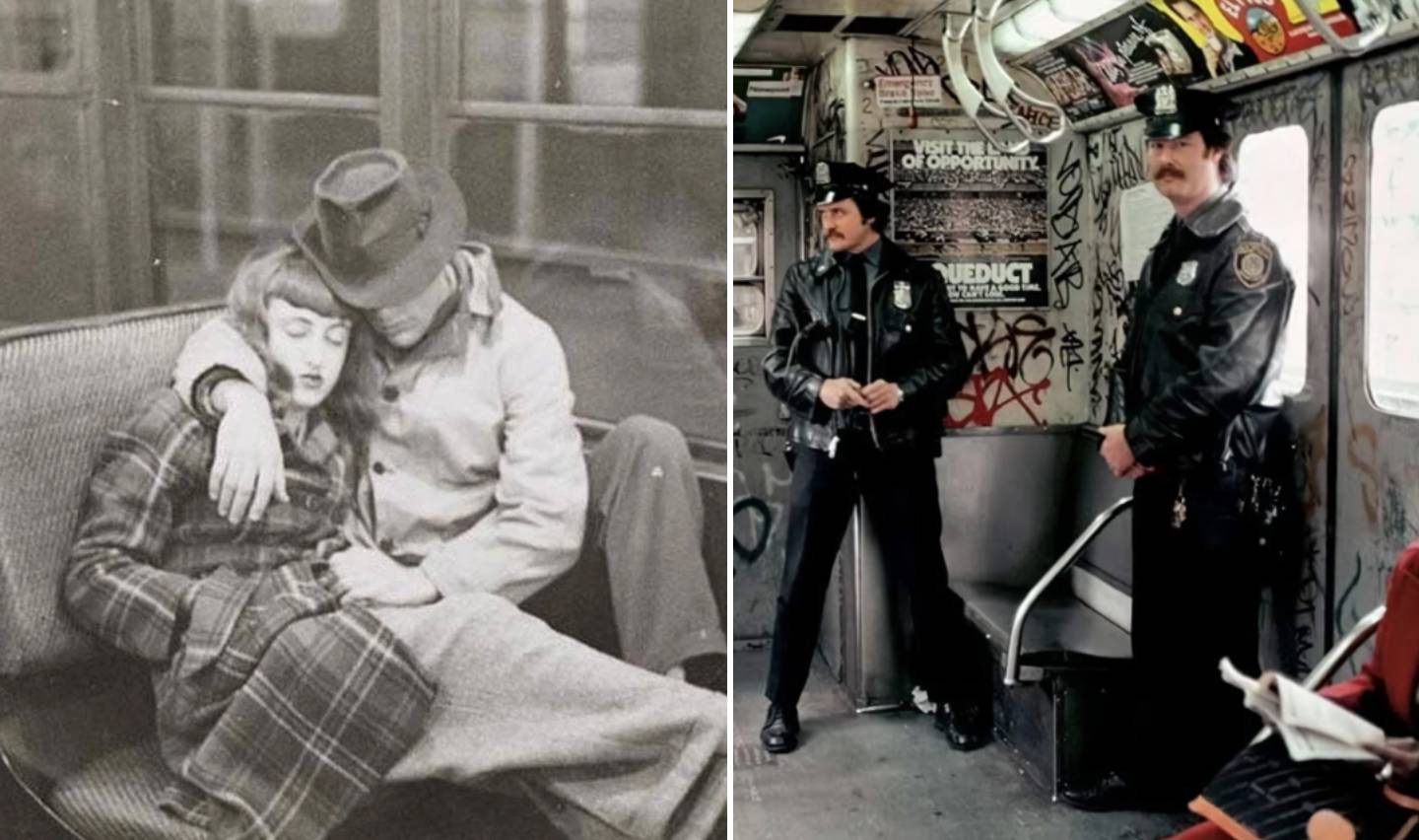 Left: A black-and-white photo of a woman sleeping on a man's shoulder in a train. Right: Two police officers in uniform stand inside a graffiti-covered subway train. The images capture moments from urban public transport settings.