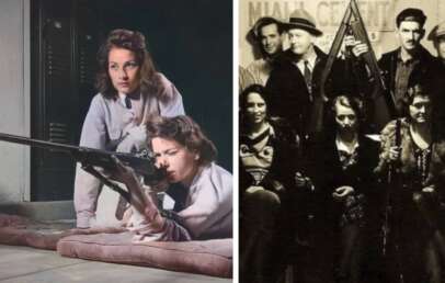 Left: Two women aiming rifles indoors, one lying down and one kneeling. Right: A vintage group photo with several people holding firearms, wearing 1920s-style clothing.