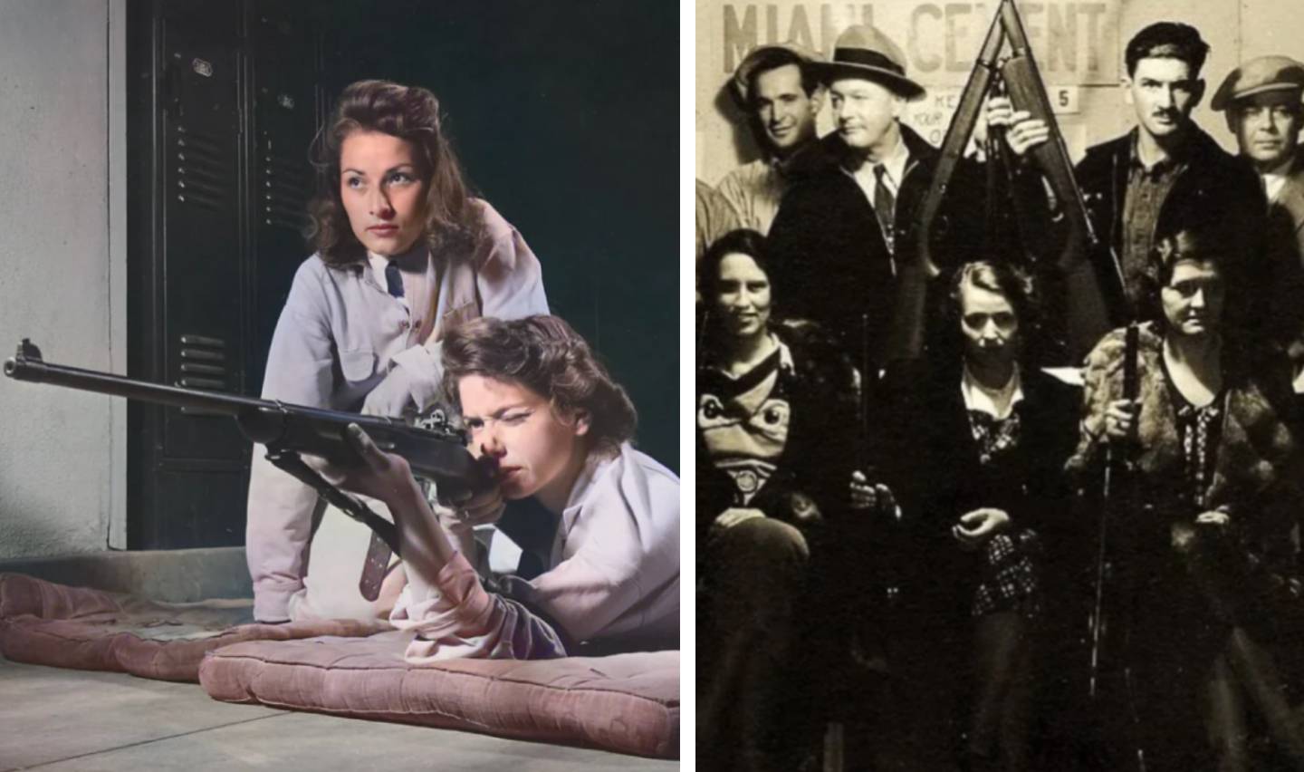 Left: Two women aiming rifles indoors, one lying down and one kneeling. Right: A vintage group photo with several people holding firearms, wearing 1920s-style clothing.