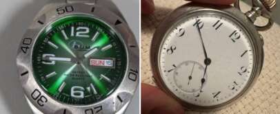 A close-up of two watches: on the left, a modern silver wristwatch with a green face displaying the date and day; on the right, a vintage silver pocket watch with a white face and black numerals.