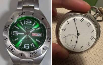 A close-up of two watches: on the left, a modern silver wristwatch with a green face displaying the date and day; on the right, a vintage silver pocket watch with a white face and black numerals.