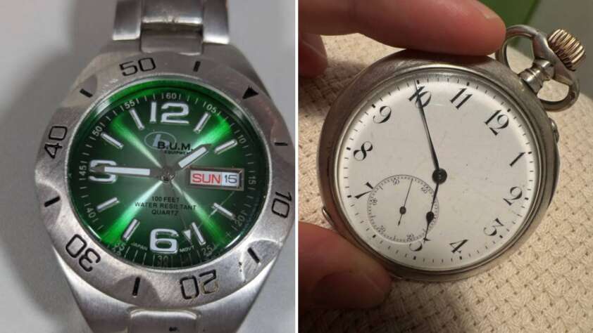 A close-up of two watches: on the left, a modern silver wristwatch with a green face displaying the date and day; on the right, a vintage silver pocket watch with a white face and black numerals.