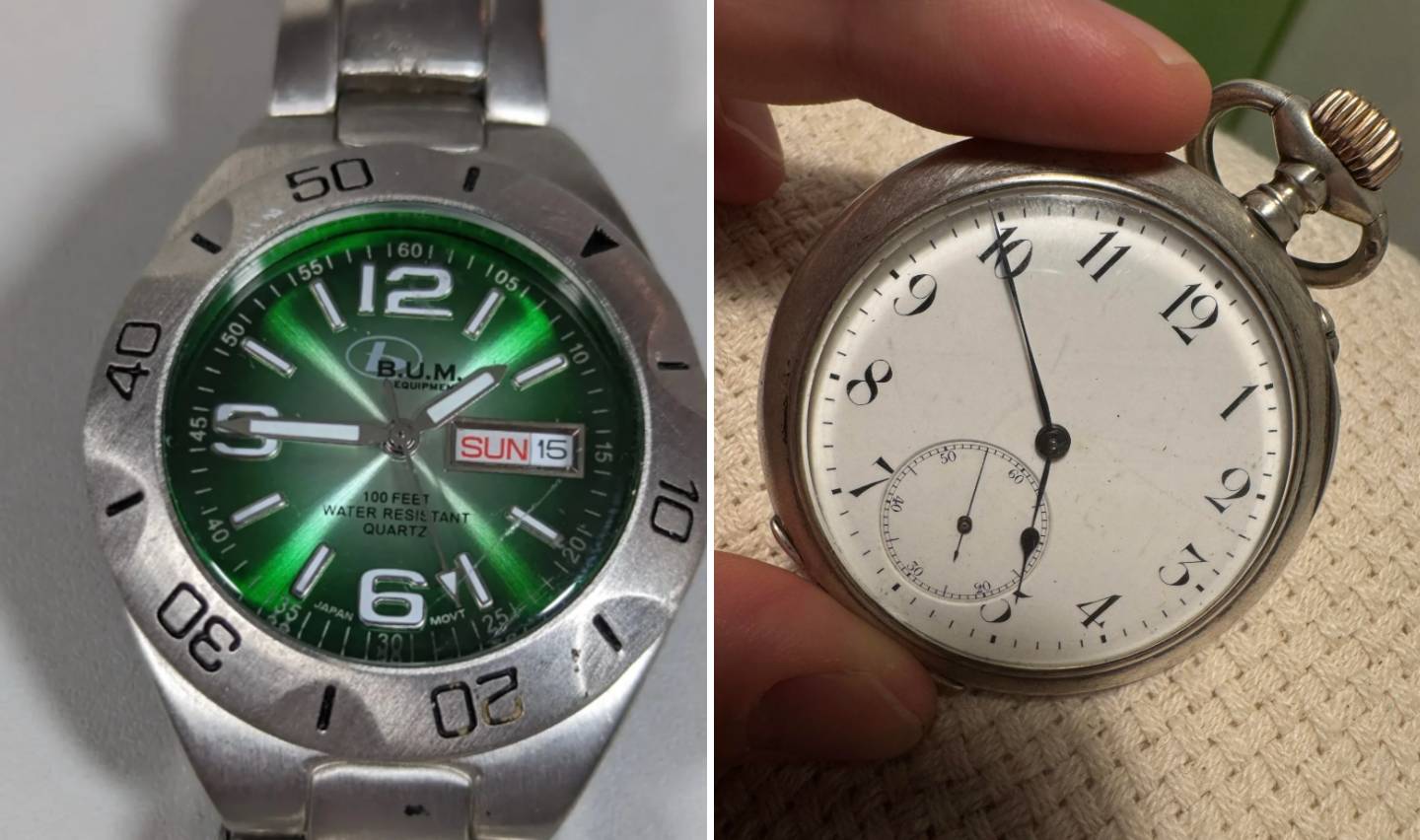 A close-up of two watches: on the left, a modern silver wristwatch with a green face displaying the date and day; on the right, a vintage silver pocket watch with a white face and black numerals.